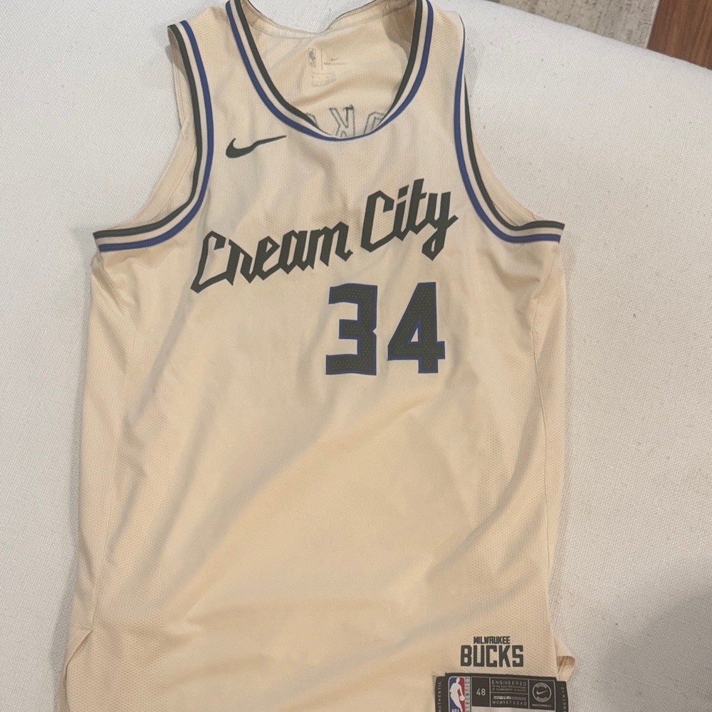 Nike Cream City Basketball Jersey with Blue Accents Giannis antetokounmpo